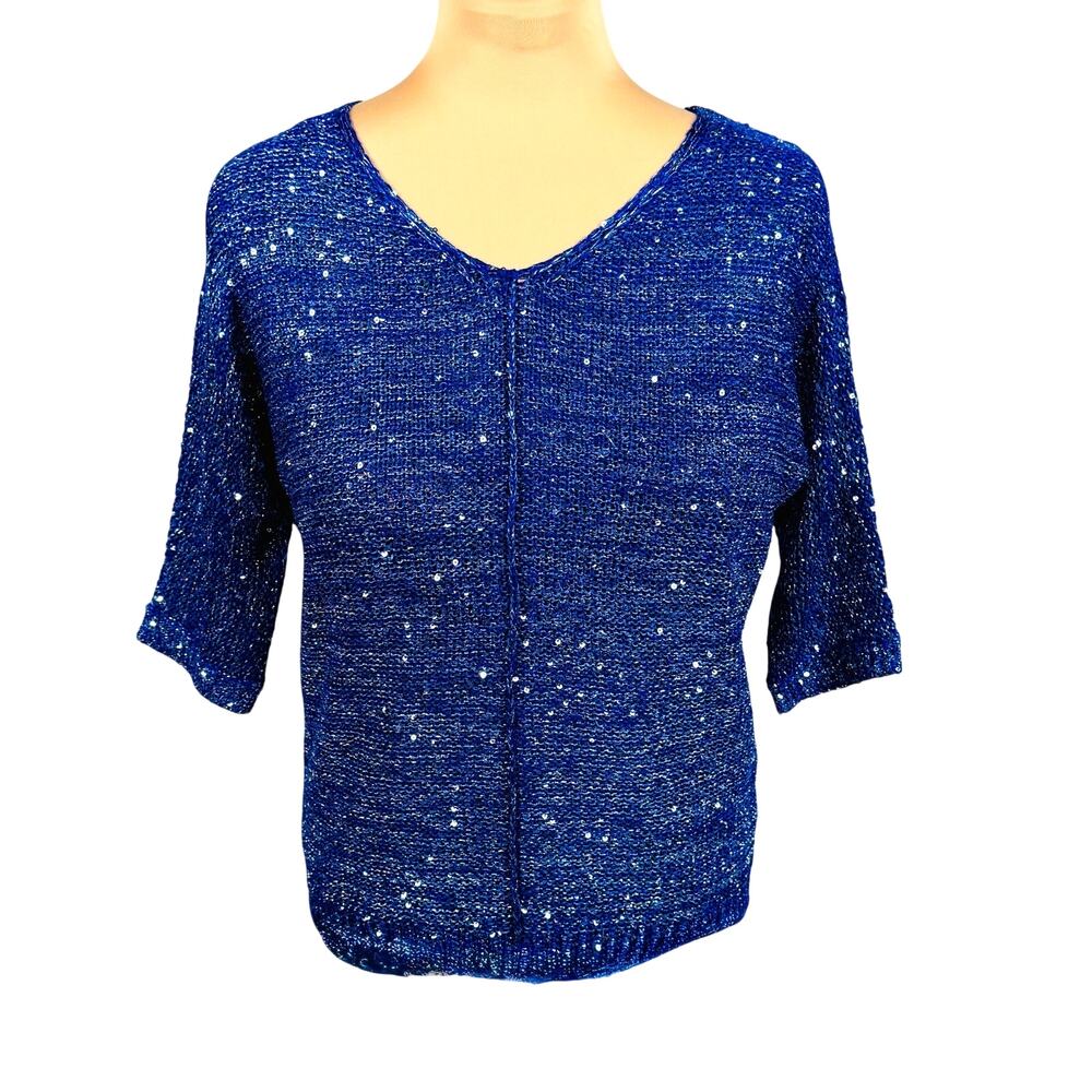 WD-NY silver sequins on blue metallic 4/4 sleeve light sweater sz Small